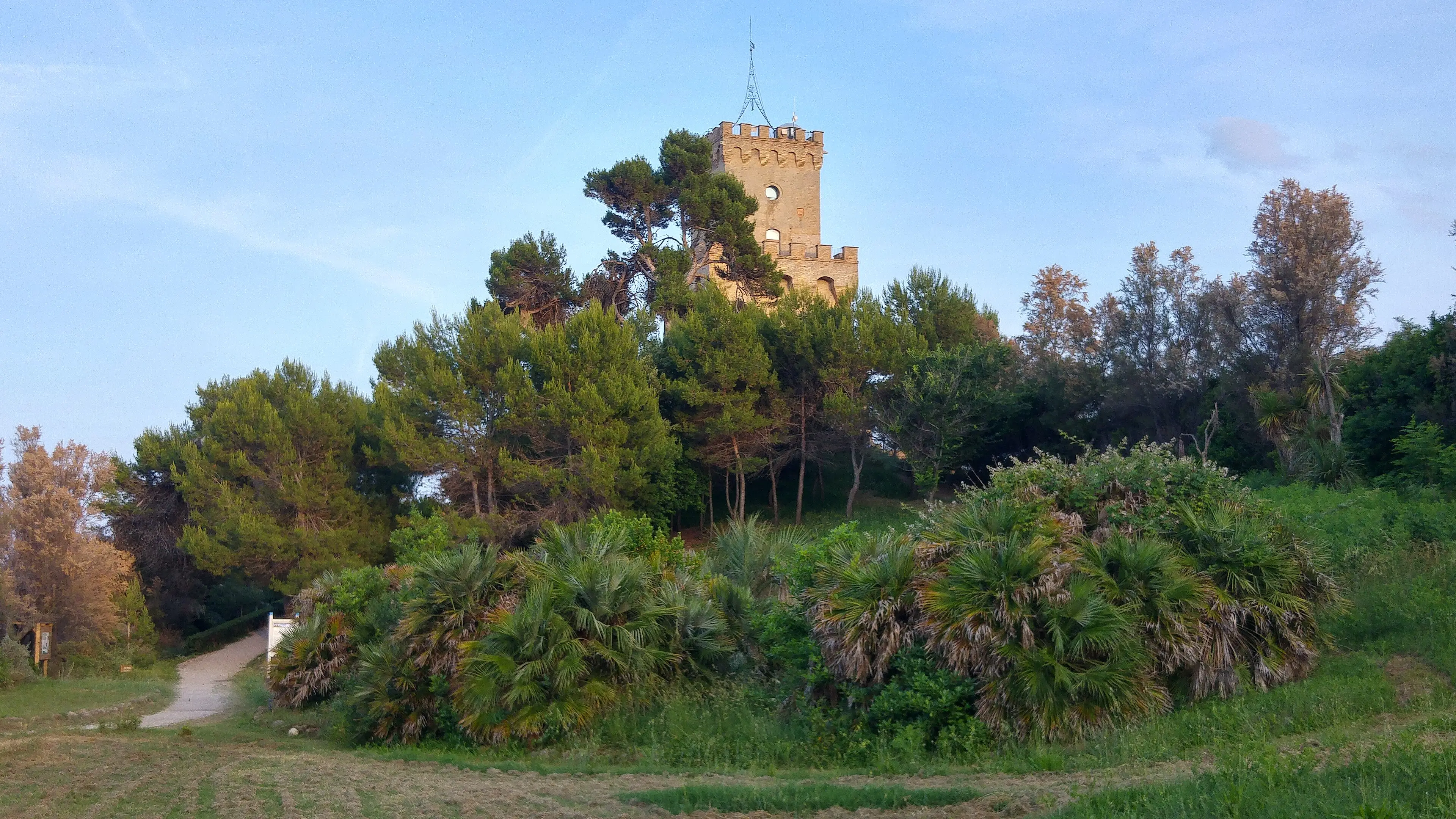 La Torre del Cerrano emerge dalla macchia mediterranea nella luce dorata del tramonto.